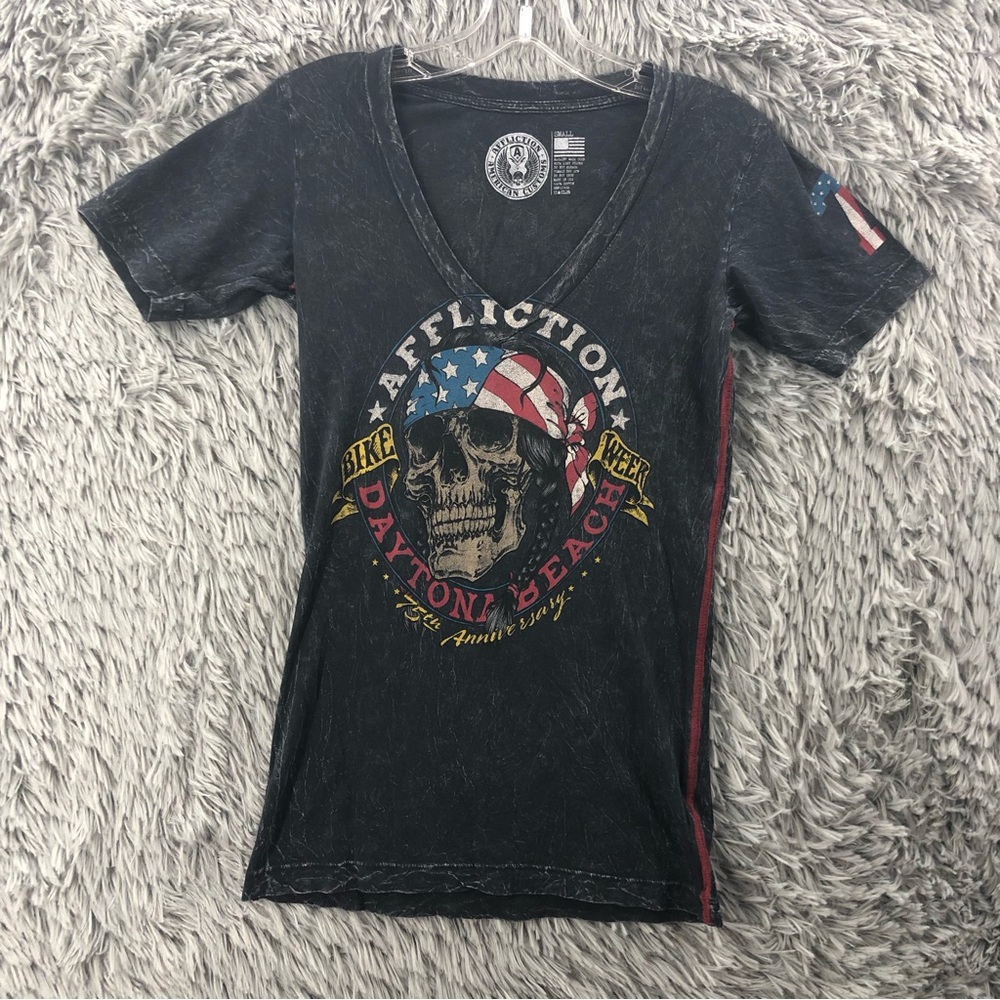 Affliction Tshirt Womens Small Vneck Skull Bike Week Dayton Beach Wings